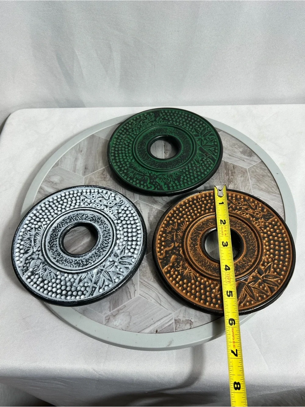 Set of 3 Cast Iron Trivets Round Green White Bronze Decorative 6 Inch